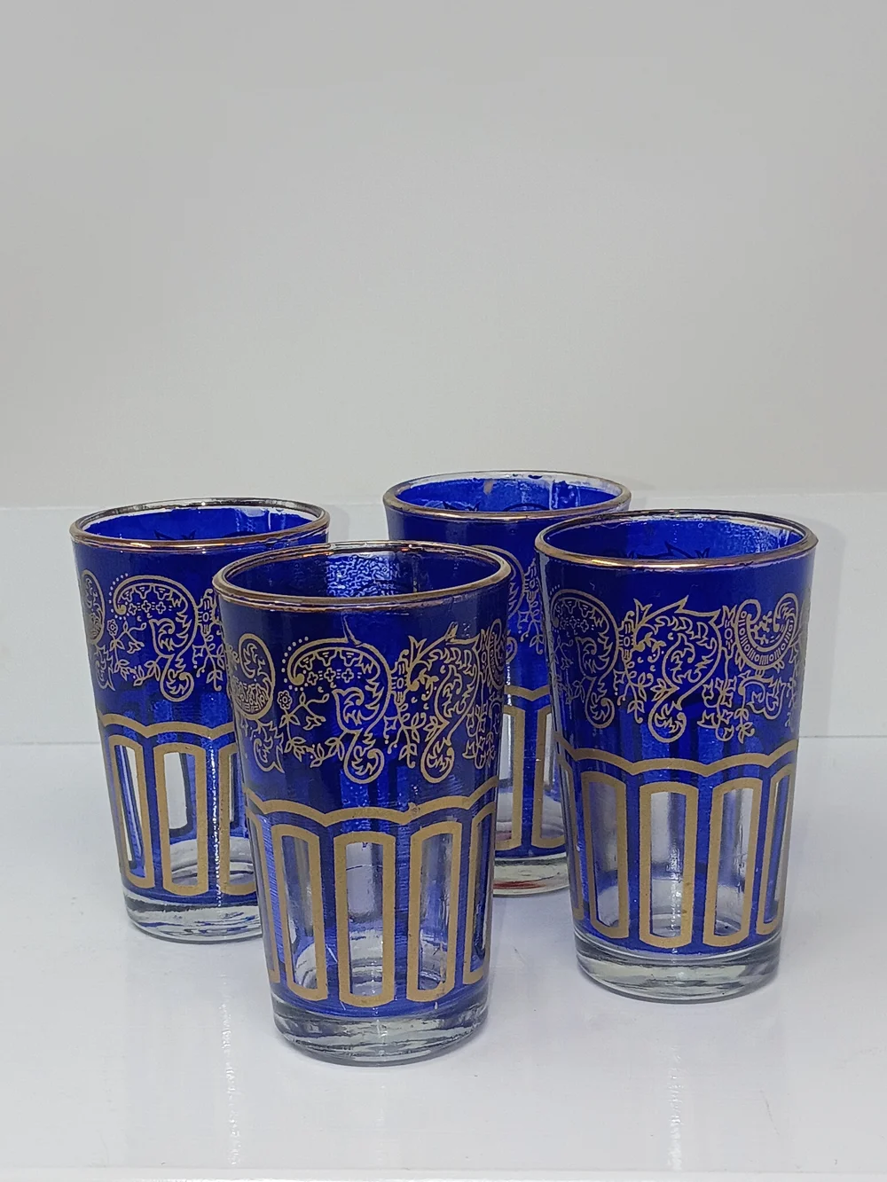 Set of 4 Cobalt Blue Gold-Trimmed Decorative Glasses